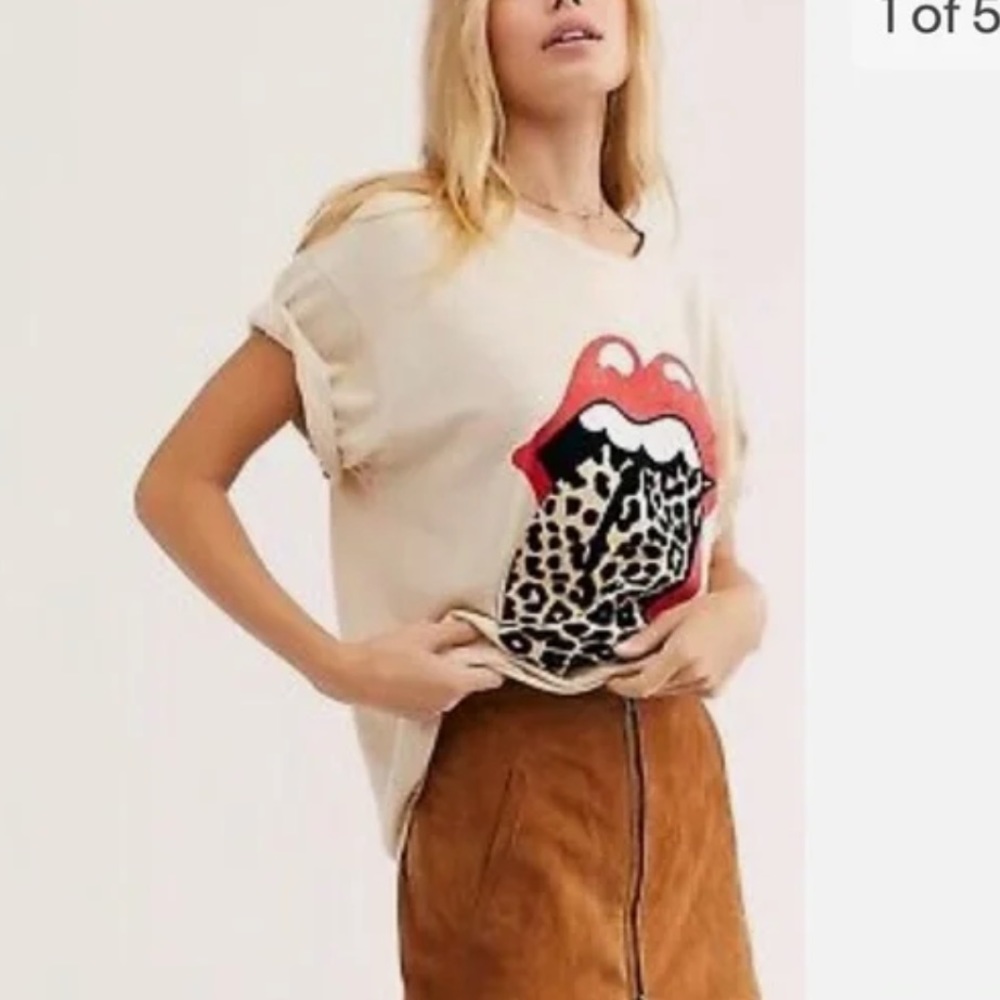 Free People Daydreamer Rolling Stones leopard print velvet tongue logo t shirt